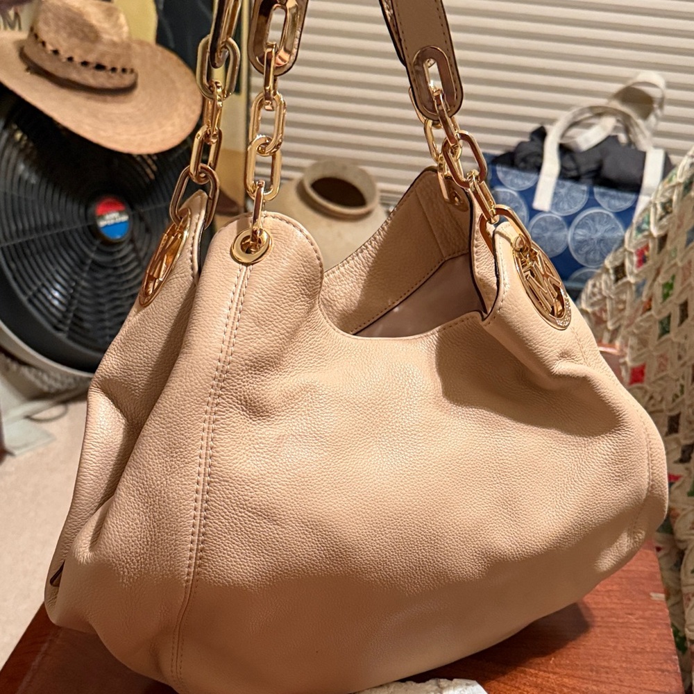 Michael Kors Cream Leather Shoulder Bag with Gold Accents